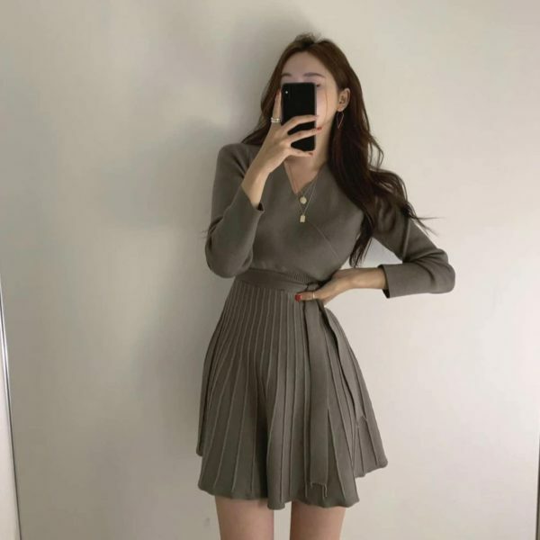 Y2K Korean Style Morrie Pleated Knit Wrap Dress