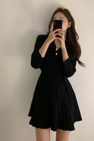 Y2K Korean Style Morrie Pleated Knit Wrap Dress