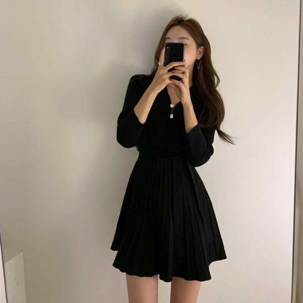 Y2K Korean Style Morrie Pleated Knit Wrap Dress