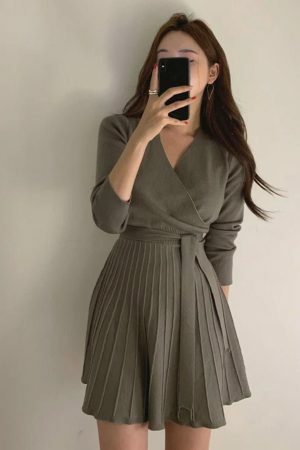 Y2K Korean Style Morrie Pleated Knit Wrap Dress