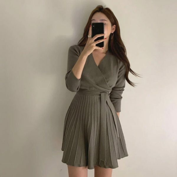 Y2K Korean Style Morrie Pleated Knit Wrap Dress