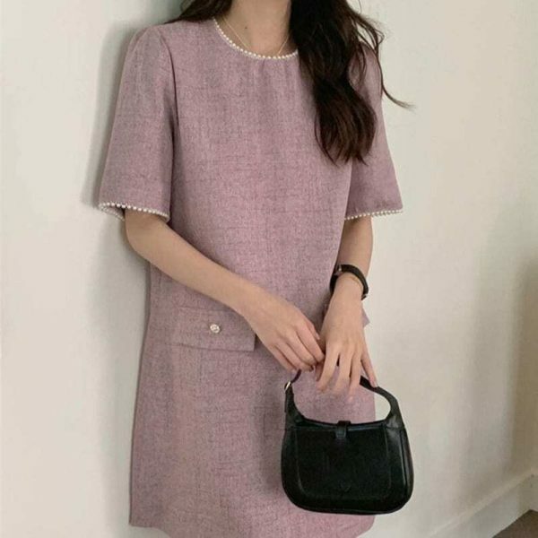 Y2K Korean Style Pearl Embellished Short Dress