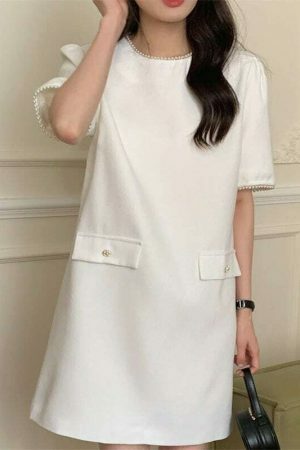 Y2K Korean Style Pearl Embellished Short Dress