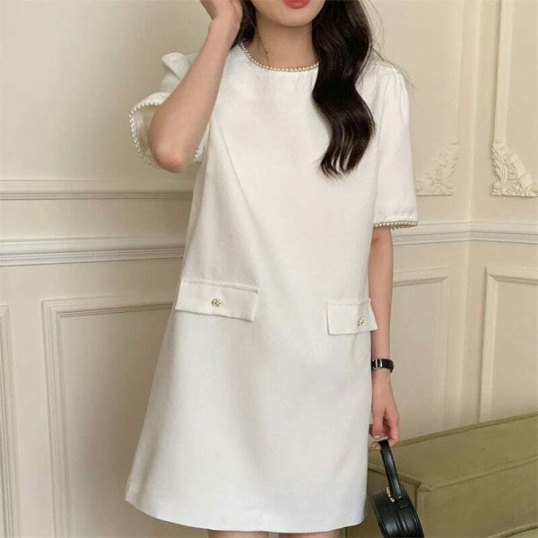 Y2K Korean Style Pearl Embellished Short Dress