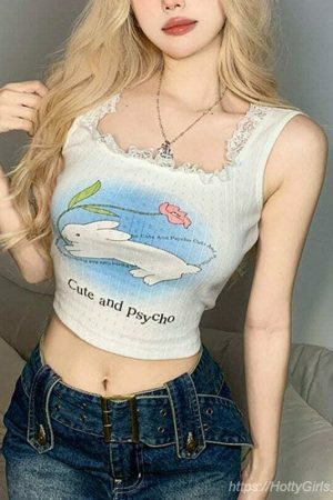 Y2K Korean Style Rabbit Print Sleeveless Crop Top