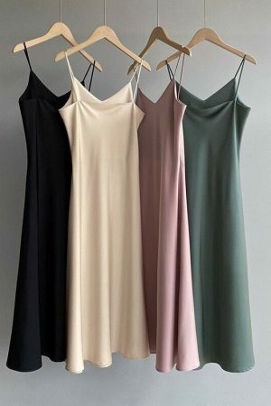 Y2K Korean Style Satin Slip Dress in Solid Color