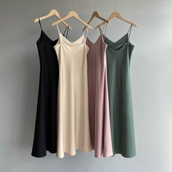 Y2K Korean Style Satin Slip Dress in Solid Color