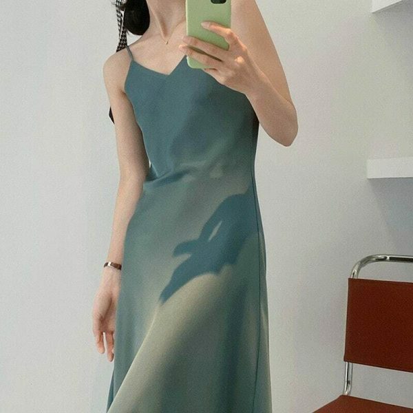 Y2K Korean Style Satin Slip Dress in Solid Color