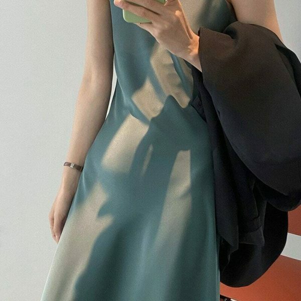 Y2K Korean Style Satin Slip Dress in Solid Color