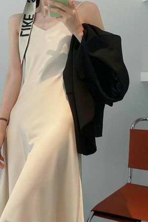 Y2K Korean Style Satin Slip Dress in Solid Color