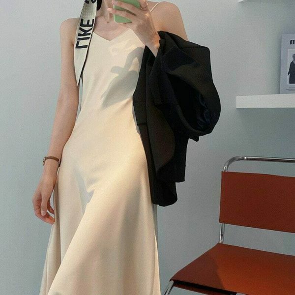 Y2K Korean Style Satin Slip Dress in Solid Color