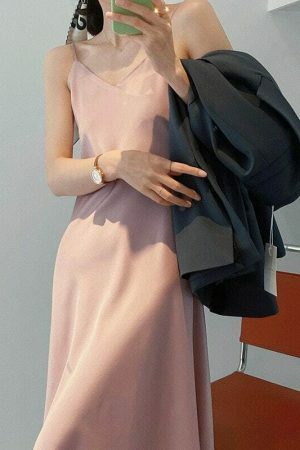 Y2K Korean Style Satin Slip Dress in Solid Color