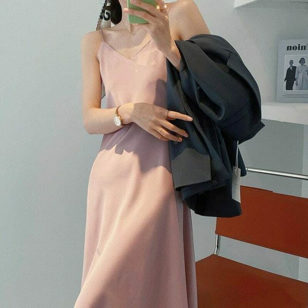 Y2K Korean Style Satin Slip Dress in Solid Color