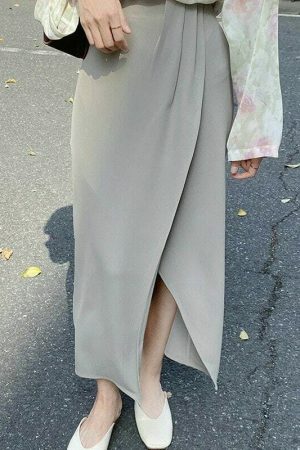 Y2K Korean Style Solid Color Split Midi Skirt