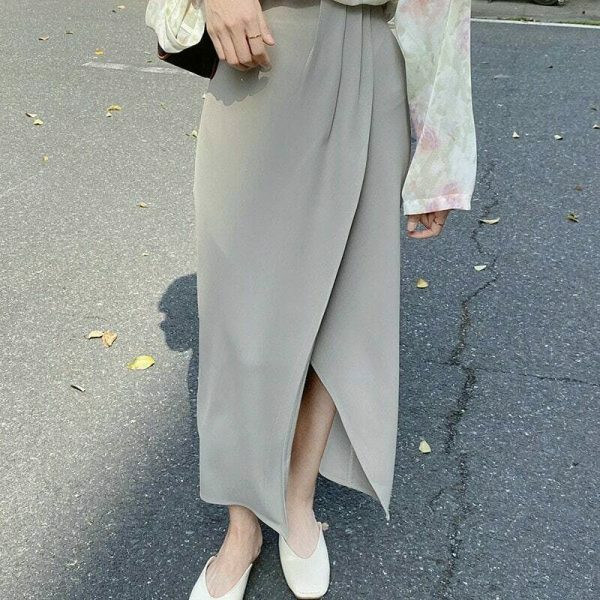 Y2K Korean Style Solid Color Split Midi Skirt