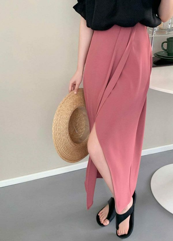 Y2K Korean Style Solid Color Split Midi Skirt