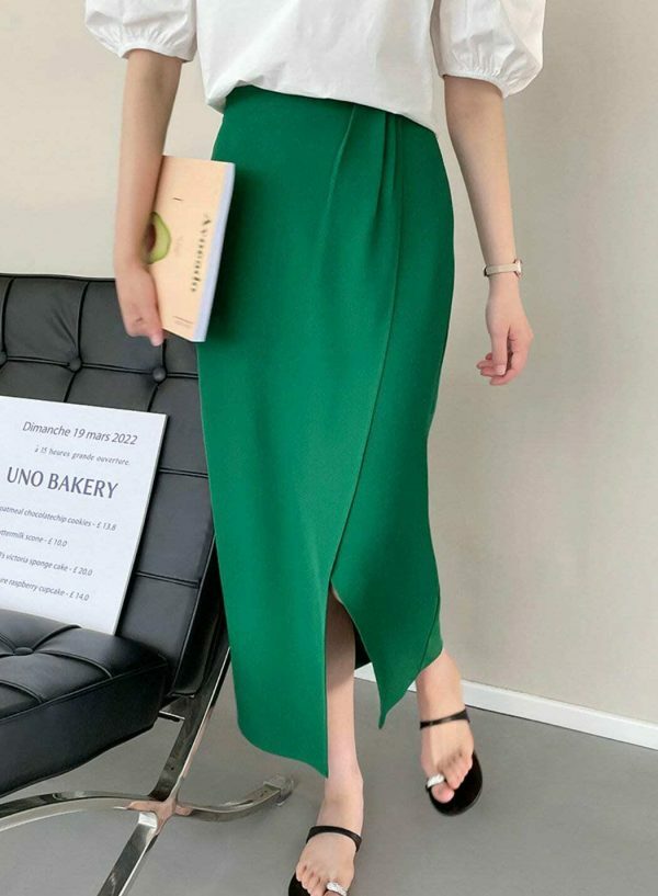 Y2K Korean Style Solid Color Split Midi Skirt