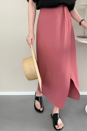 Y2K Korean Style Solid Color Split Midi Skirt