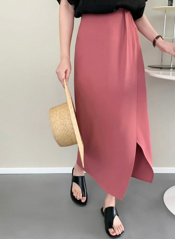 Y2K Korean Style Solid Color Split Midi Skirt