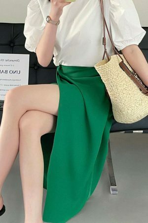 Y2K Korean Style Solid Color Split Midi Skirt