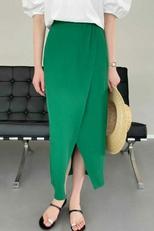 Y2K Korean Style Solid Color Split Midi Skirt