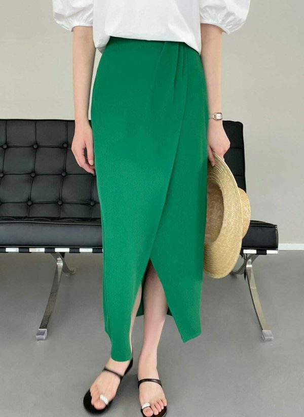 Y2K Korean Style Solid Color Split Midi Skirt