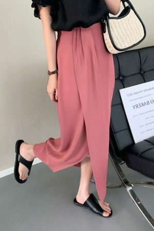 Y2K Korean Style Solid Color Split Midi Skirt