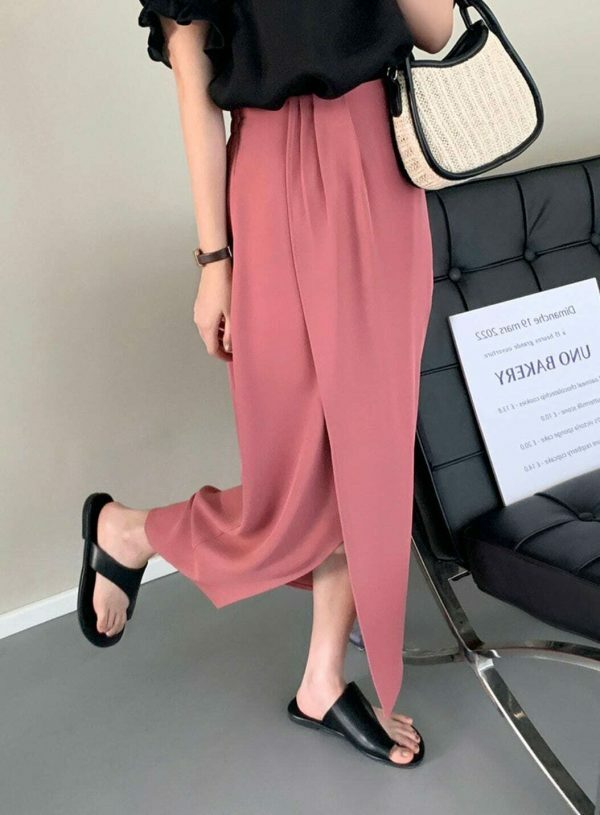 Y2K Korean Style Solid Color Split Midi Skirt