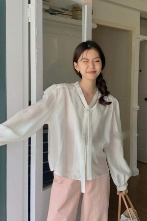 Y2K Korean Style V-neck Long-sleeve Sheer Tie Blouse