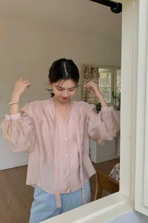 Y2K Korean Style V-neck Long-sleeve Sheer Tie Blouse