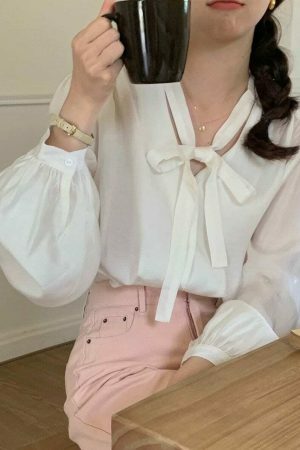 Y2K Korean Style V-neck Long-sleeve Sheer Tie Blouse