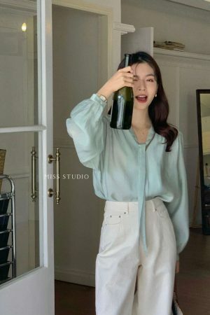 Y2K Korean Style V-neck Long-sleeve Sheer Tie Blouse