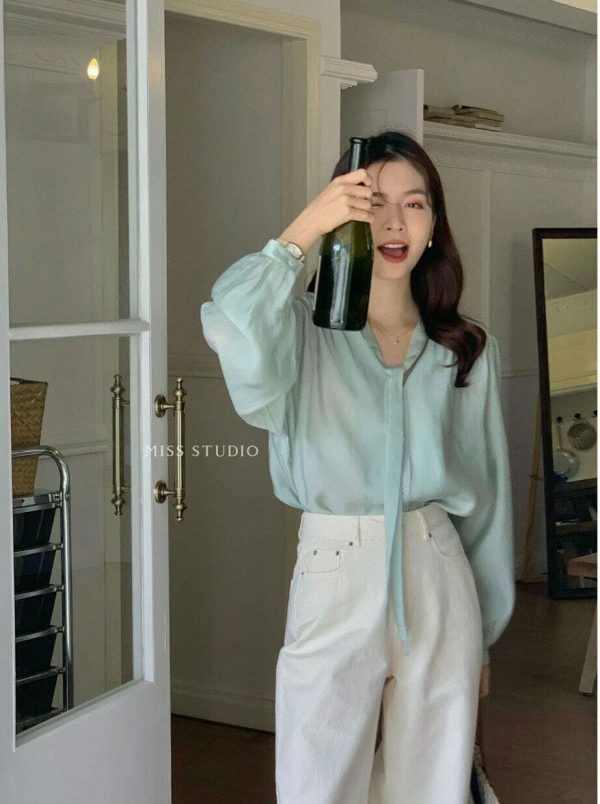 Y2K Korean Style V-neck Long-sleeve Sheer Tie Blouse