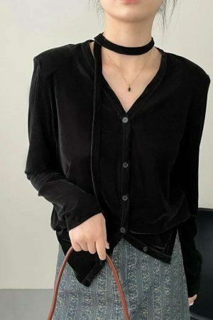 Y2K Korean Velvet V-Neck Tie Long Sleeve Streetwear Top