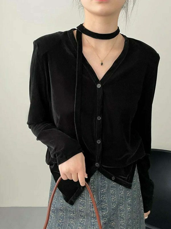 Y2K Korean Velvet V-Neck Tie Long Sleeve Streetwear Top