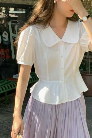 Y2K Korean Vintage Peter Pan Collar Short Sleeve Streetwear Blouse