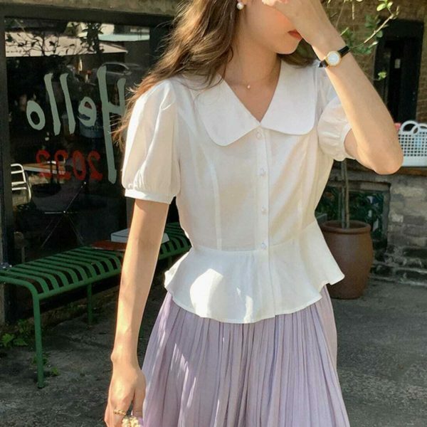 Y2K Korean Vintage Peter Pan Collar Short Sleeve Streetwear Blouse