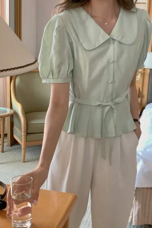 Y2K Korean Vintage Peter Pan Collar Short Sleeve Streetwear Blouse