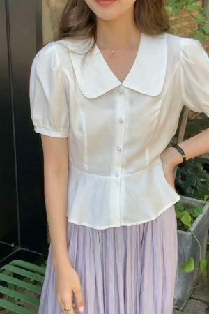 Y2K Korean Vintage Peter Pan Collar Short Sleeve Streetwear Blouse