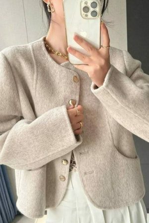 Y2K Korean Wool Coat: Women's Solid Single Breasted Streetwear Jacket