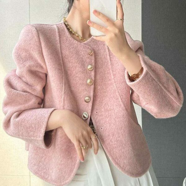 Y2K Korean Wool Coat: Women's Solid Single Breasted Streetwear Jacket