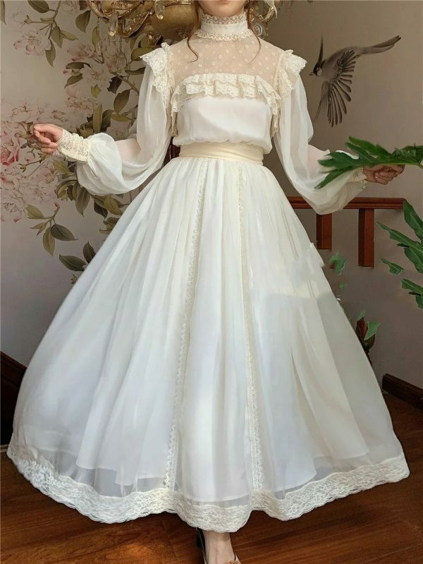 Y2K Lace Lantern Sleeve Chiffon Fairy Dress