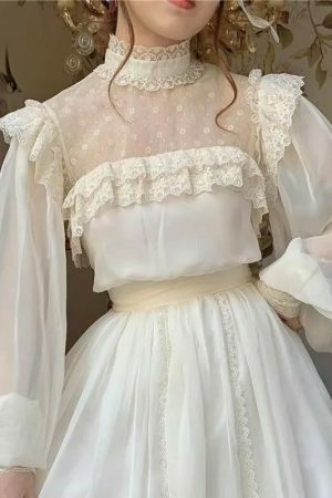 Y2K Lace Lantern Sleeve Chiffon Fairy Dress