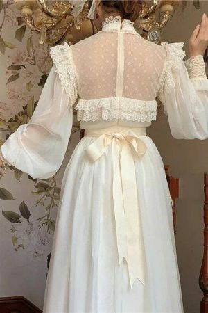 Y2K Lace Lantern Sleeve Chiffon Fairy Dress