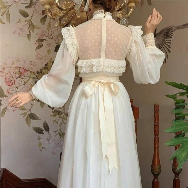 Y2K Lace Lantern Sleeve Chiffon Fairy Dress