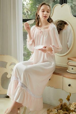 Y2K Lace Long Robe: Elegant Victorian Cotton Night Dress