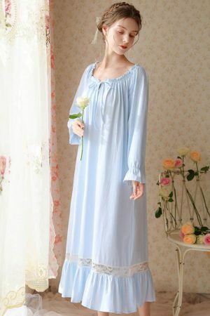 Y2K Lace Long Robe: Elegant Victorian Cotton Night Dress