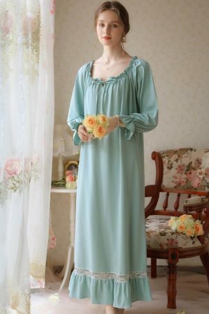 Y2K Lace Long Robe: Elegant Victorian Cotton Night Dress