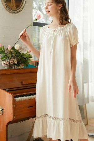 Y2K Lace Long Robe: Elegant Victorian Cotton Night Dress