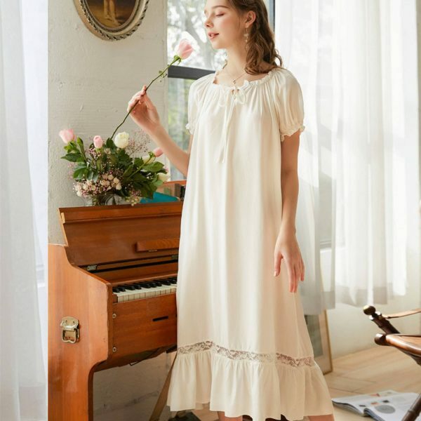 Y2K Lace Long Robe: Elegant Victorian Cotton Night Dress